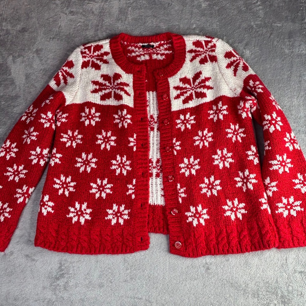 Talbots Cardigan Women L Red White Snowflake Fair Isle Wool Sweater Christmas